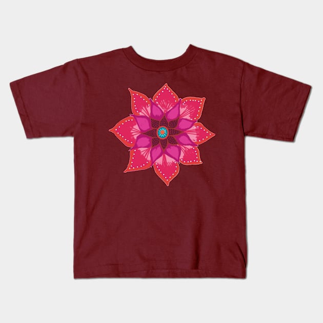 Red Mandala Flower Kids T-Shirt by Manitarka